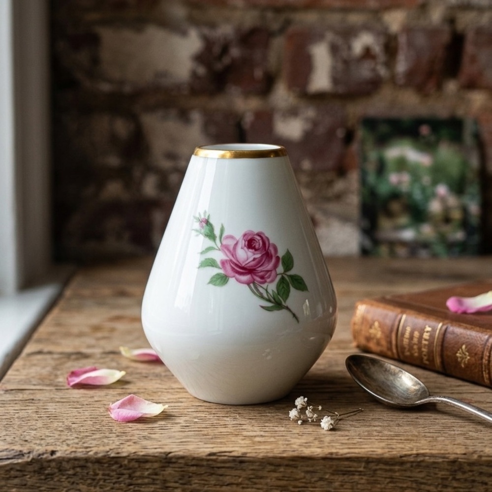Furstenberg Germany Round Floral Pink Rose Bud Vase 4.5” Vintage